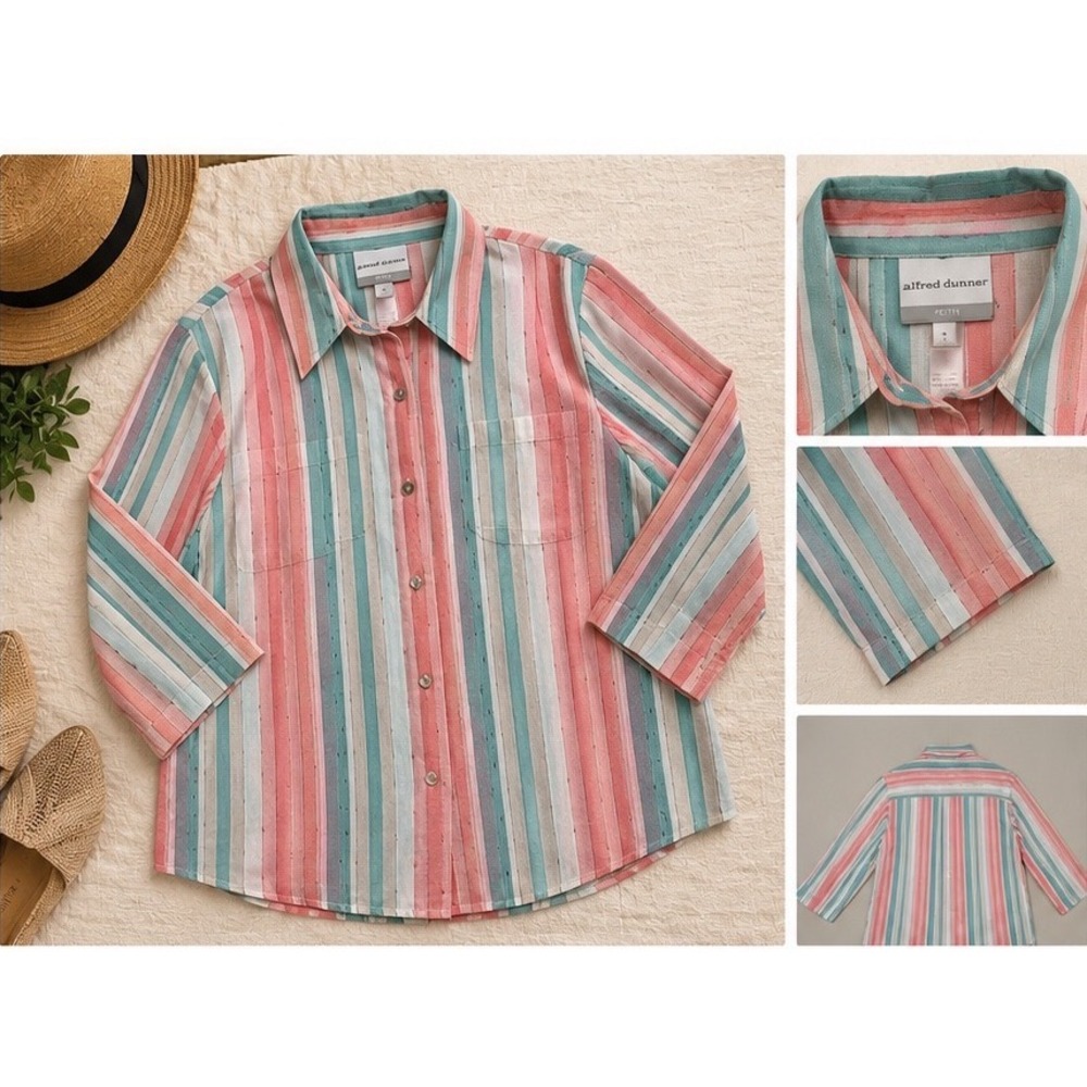 Alfred Dunner‎ Striped Button Shirt Womens PS Pink Teal Linen Blend Top